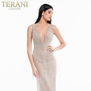 Terani Couture Beaded Fringe Deep V-neck Sheath Dress Prom Pageant